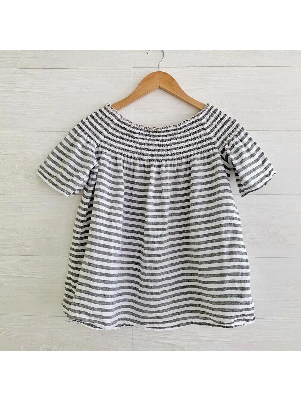 C&C California Black White Striped Linen Smocked Off Shoulder Top S